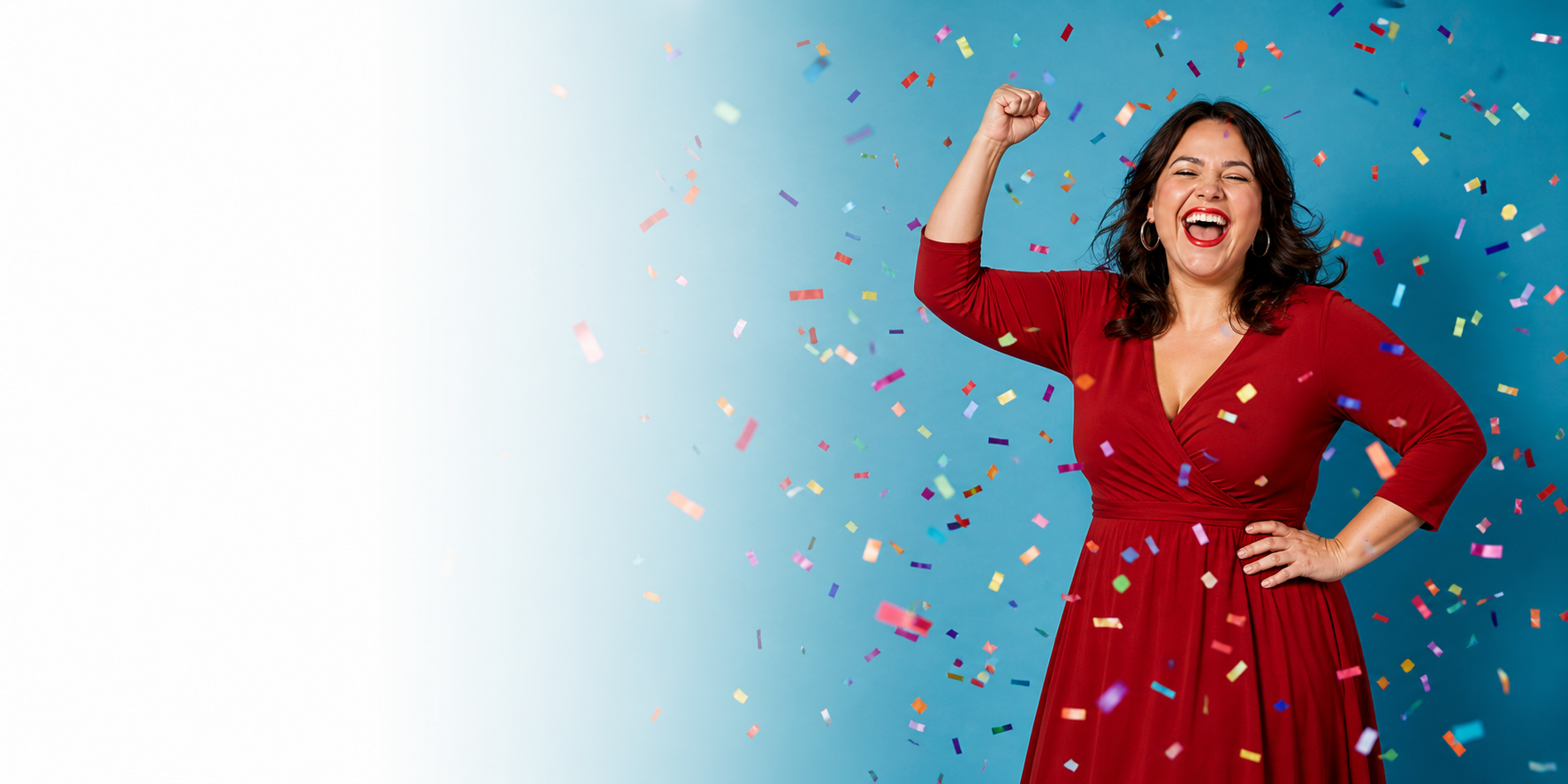 A woman in a red dress celebrating with confetti on a blue background